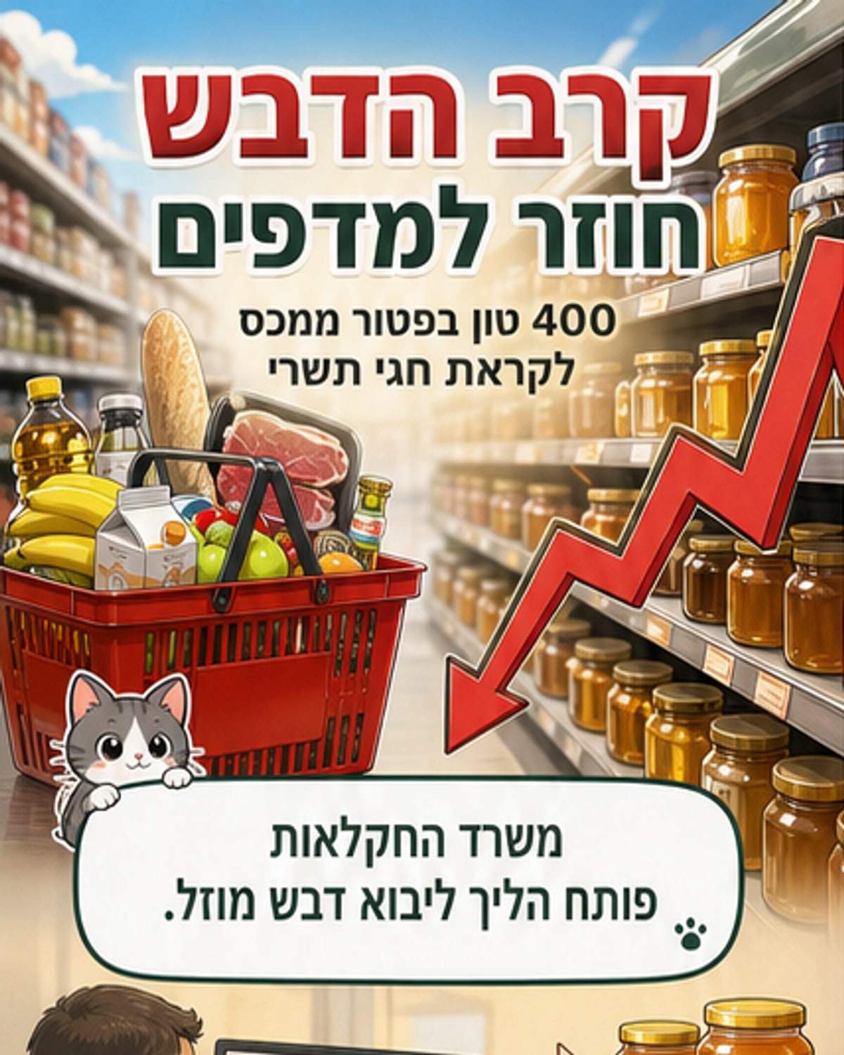 תמונה של צנצנות דבש על מדף סופרמרקט, עם שילוט מחירים בולט