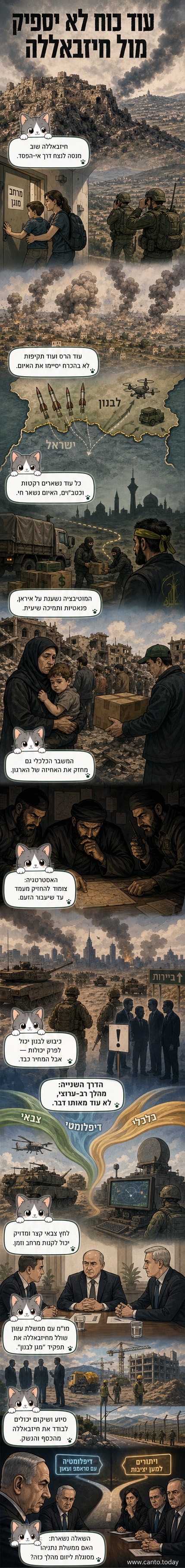 איור של גבול ישראל-לבנון עם סמלים של רחפנים, טנקים וידים שחותמות הסכם, ברקע ערים חרבות ומטוסי קרב
