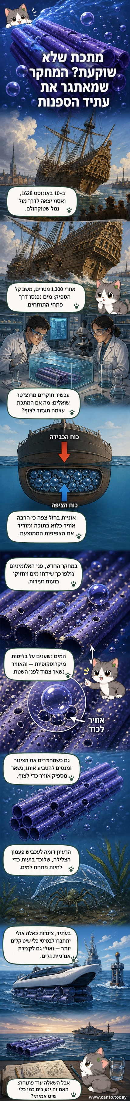צינור אלומיניום צף על המים, עם בועות אוויר נצמדות לשטחו, בניסוי במעבדה.