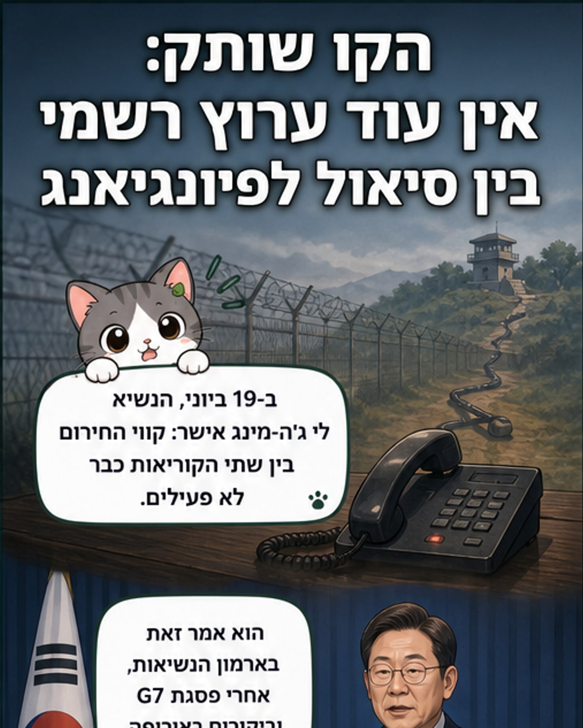 איור של שני מבנים מופשטים המייצגים את שתי קוריאות, מחוברות בקווים שבורים, עם סמל טלפון וסימן איקס אדום על התקשורת.