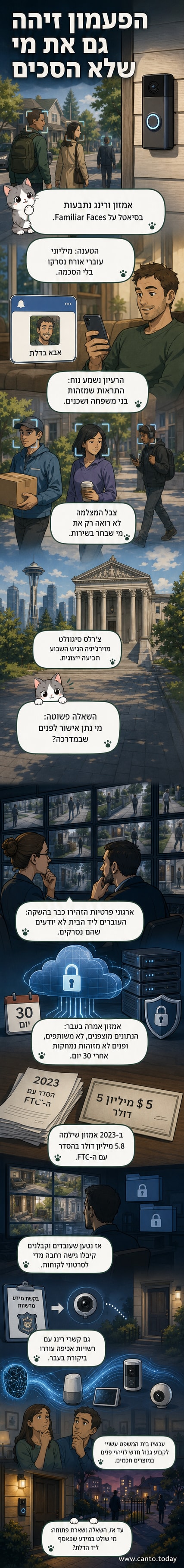 איור של מצלמת רינג על דלת בית, עם חלון קטן מציג זיהוי פנים ומידע ביומטרי שנאסף מאנשים חולפים