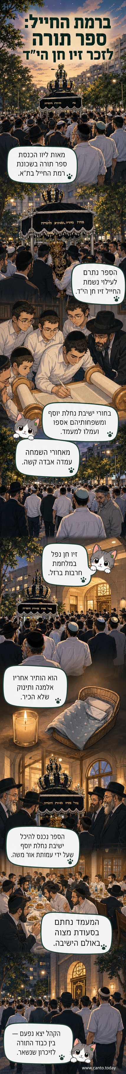 קהל רב צופים בהכנסת ספר תורה מפואר לישיבה, עם רבנים ומשפחות בשמחות.