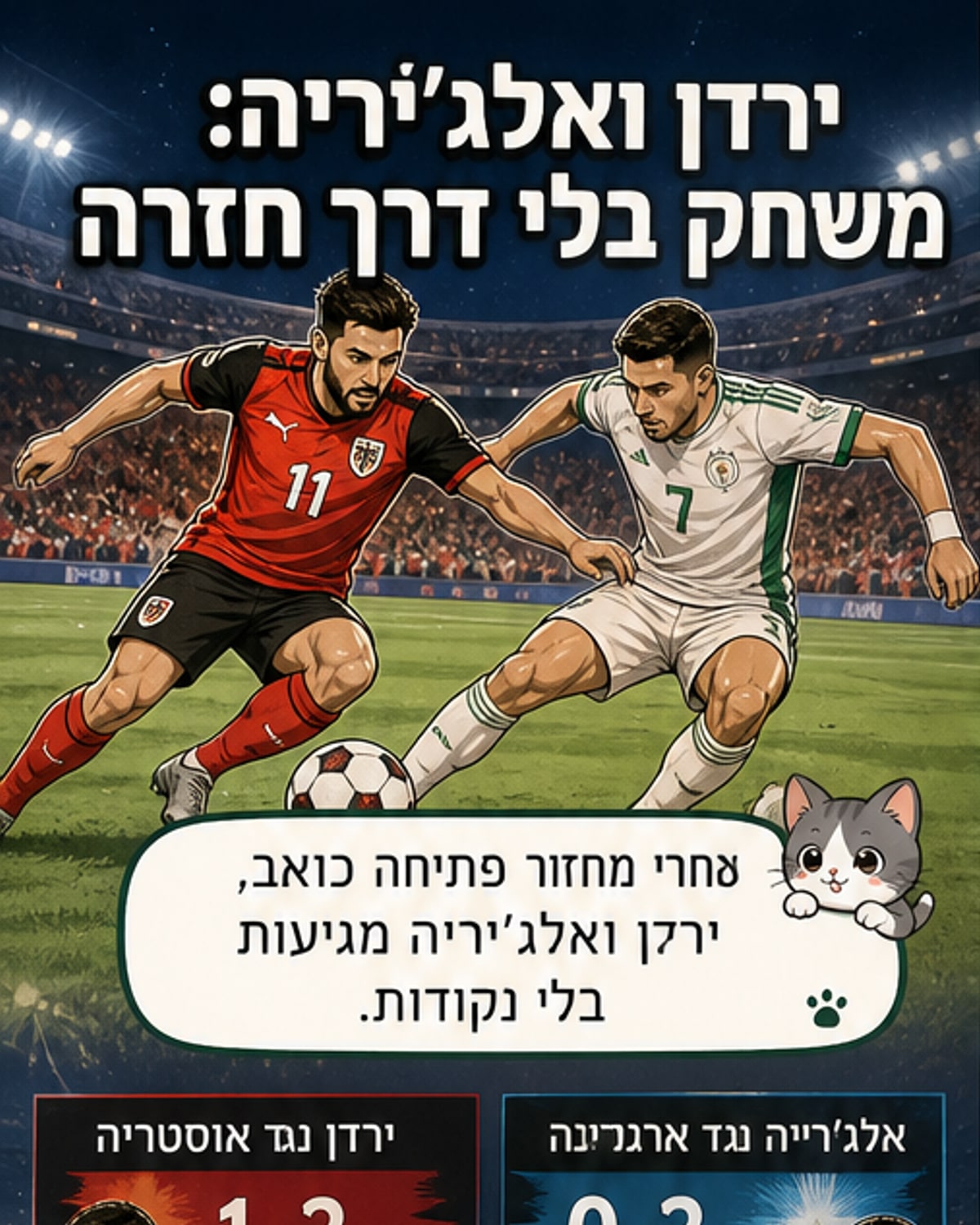 איור של שחקני ירדן ואלג'יריה עומדים על המגרש, עם אצטדיון מלא ברקע ופאנלים של מונדיאל 2026.