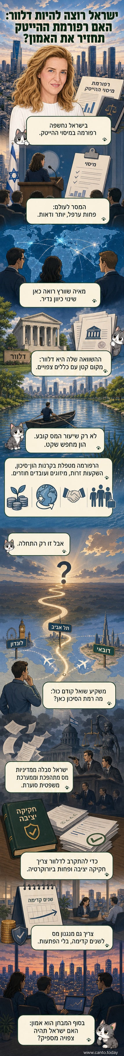 איור של ראש ממשלת ישראל עומד לצד שלט写着 "ישראל פתוחה לעסקים", ברקע סמלים של חברות הייטק וגלובוס עסקי