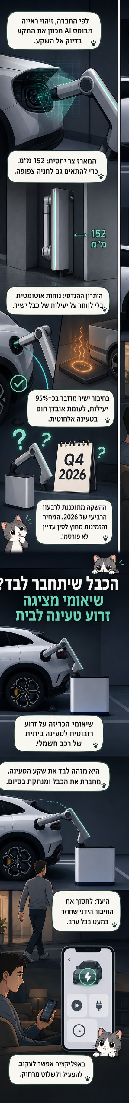 איור של זרוע רובוטית של שיאומי שמחברת כבל טעינה לרכב חשמלי בבית, עם מסך טלפון מציג שליטה מרחוק.