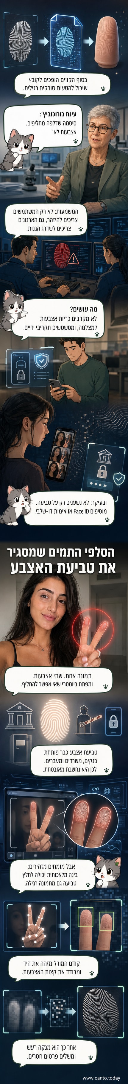איור של יד עם טביעת אצבע מוארכת על רקע מסך מחשב עם סמלים של בינה מלאכותית וכלי זיוף דיגיטליים