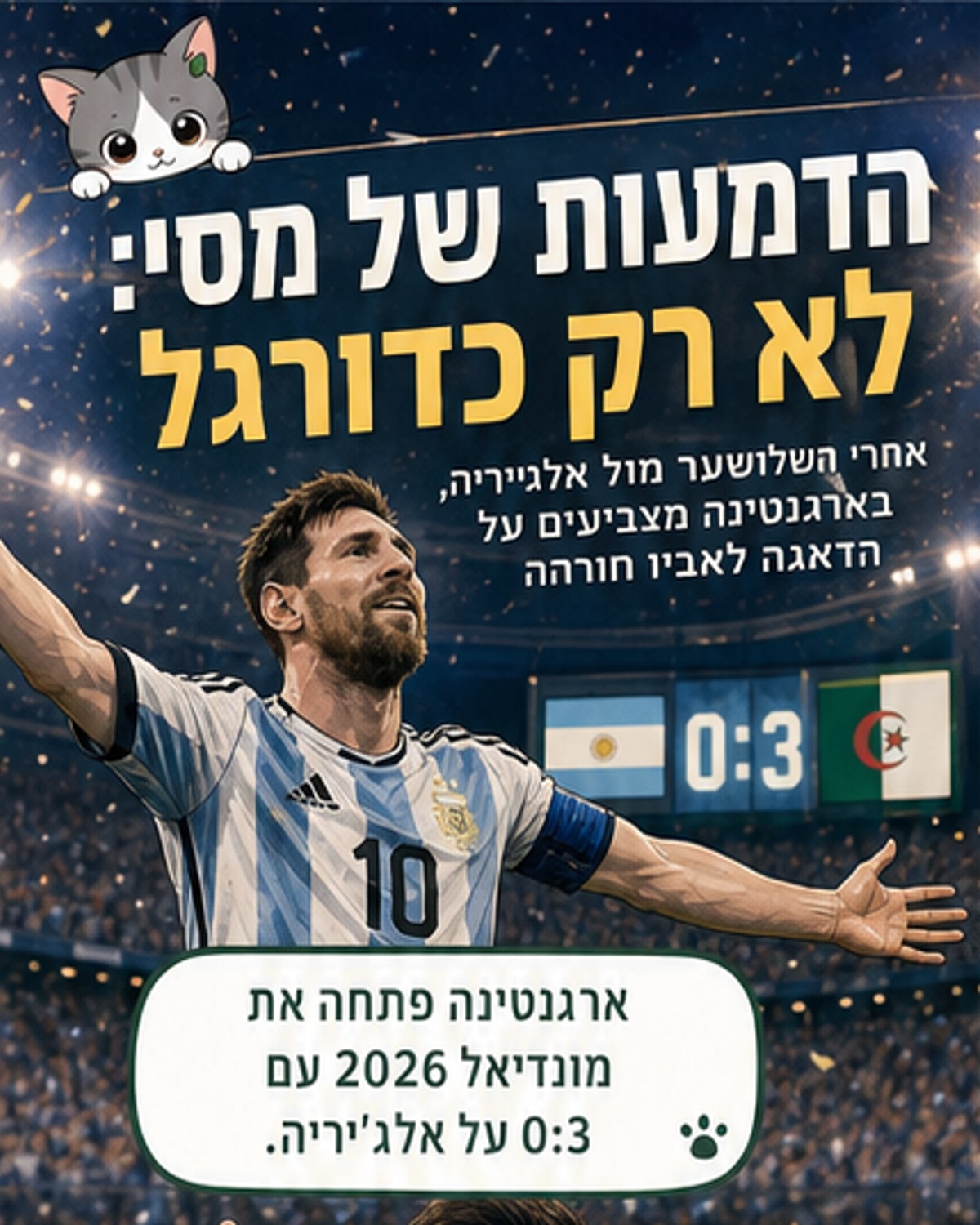 כדורגלן במדי ארגנטינה בוכה ליד עמוד השער לאחר משחק, עם קהל ברקע.