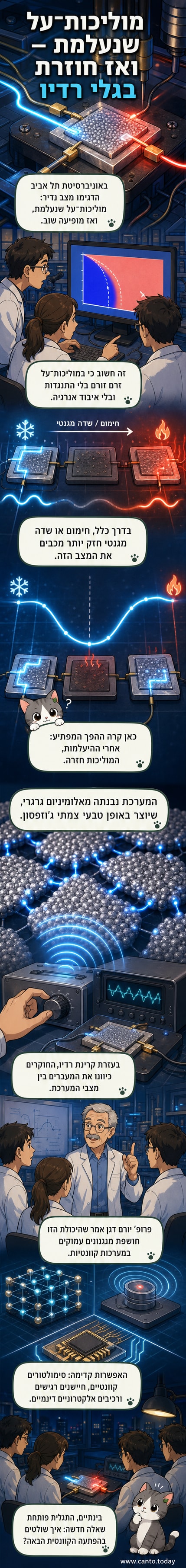 איור של מערכת מוליכות-על מיקרוסקופית: משמאל – תמונה אופטית של ההתקן, ממרכז – ייצוג של גרגרים זעירים המסתנכרנים, ומימין – חתך טמפרטורות שמראה את נקודות היעלמות והחזרה של מוליכות-על.
