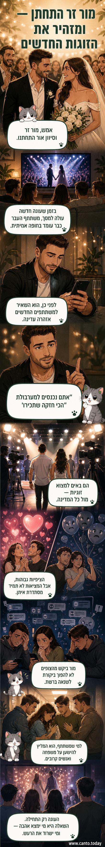 זוג צעיר מחייך בשמלה וכלה, מוקף בחברים מהסדרה 'חתונה ממבט ראשון' במהלך טקס חתונה.