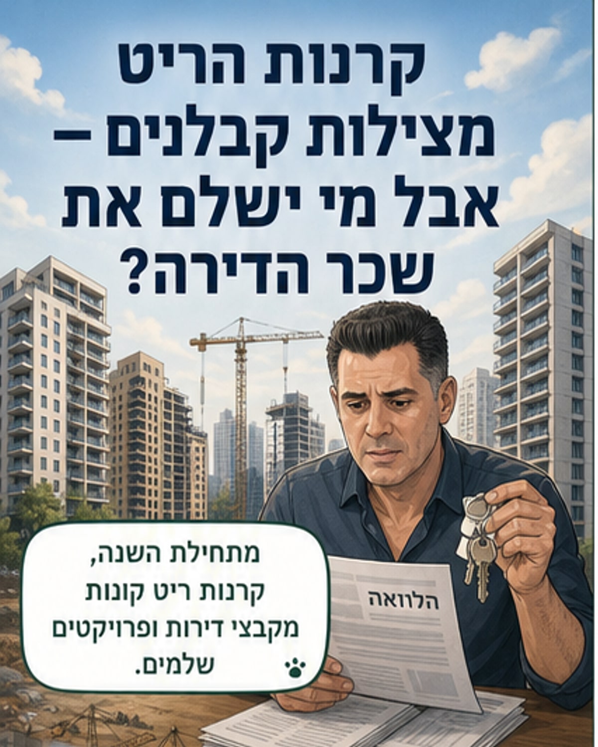 איור של קורת בית עם דירות מרובעות, חלק מהן מסומנות בסמל של קרן ריט, וקווי חיבור בין יזמים לשחקנים מוסדיים.