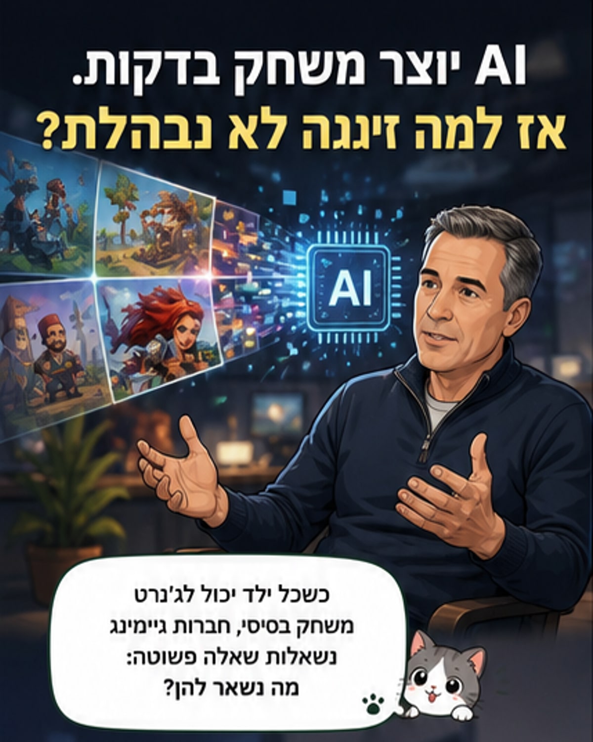 יורון ליבנד, סגן נשיא זינגה, מדבר על שימוש ב-AI בפיתוח משחקים. בתמונה, ליבנד במדיטציה מול מסך שמציג משחק מובייל.