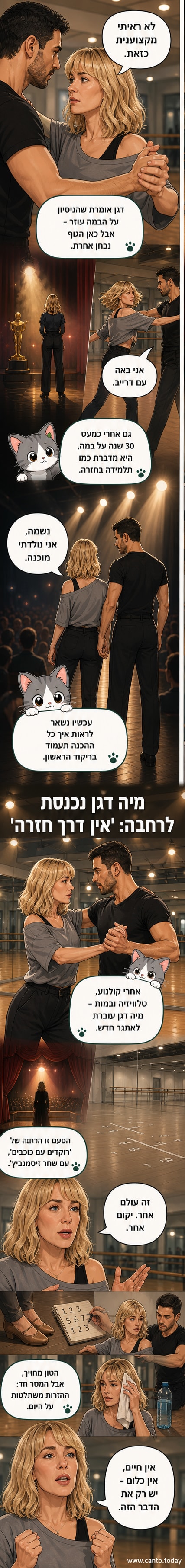 מיה דגן ושותפה שחר זיסמנוביץ' עומדים על רחבת ריקודים מוארת, מוכנים להתחיל.