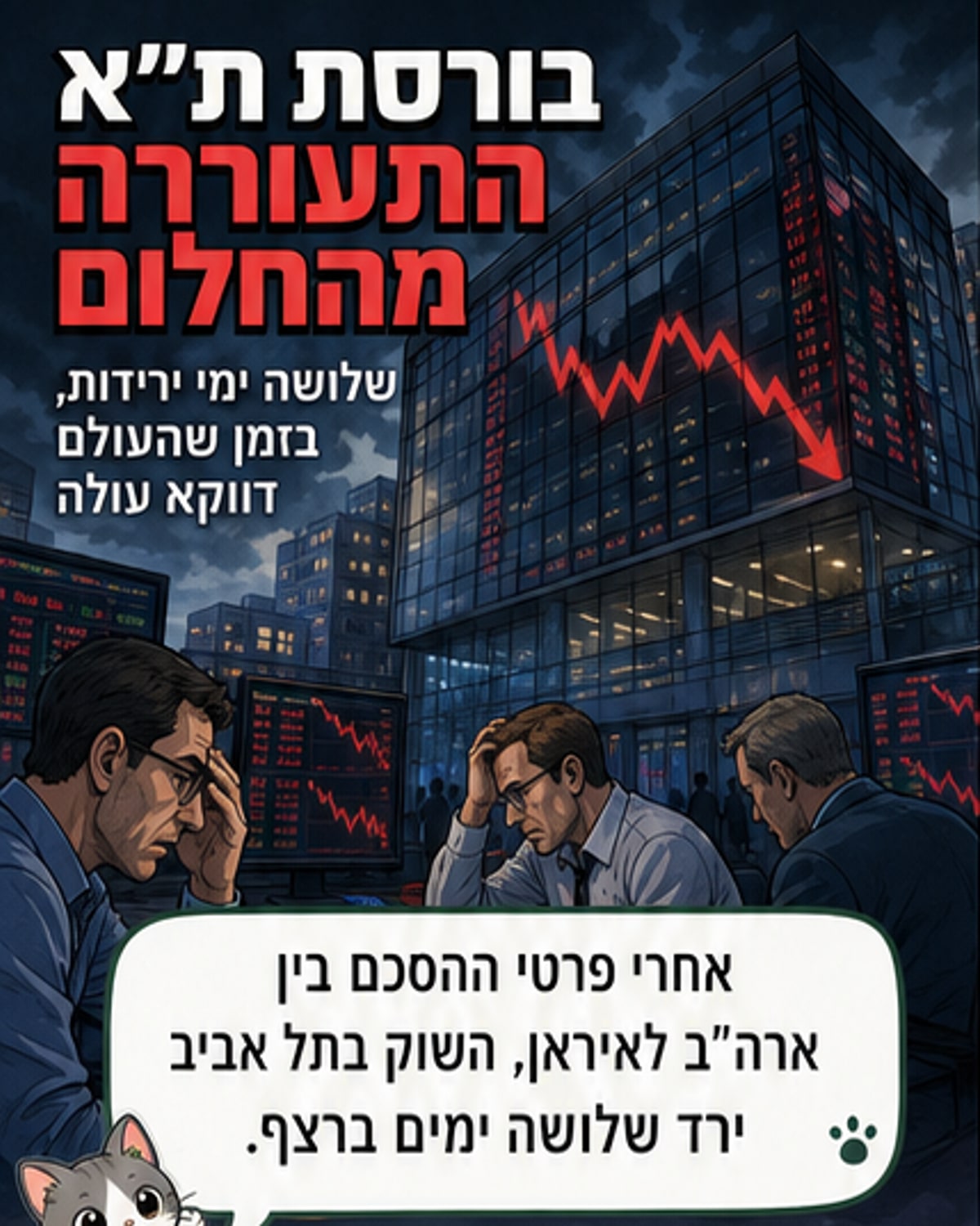 תצוגה של מסך בורסה עם עקומות ירידה, לצד תמונת רקע של בניין הבורסה בתל אביב
