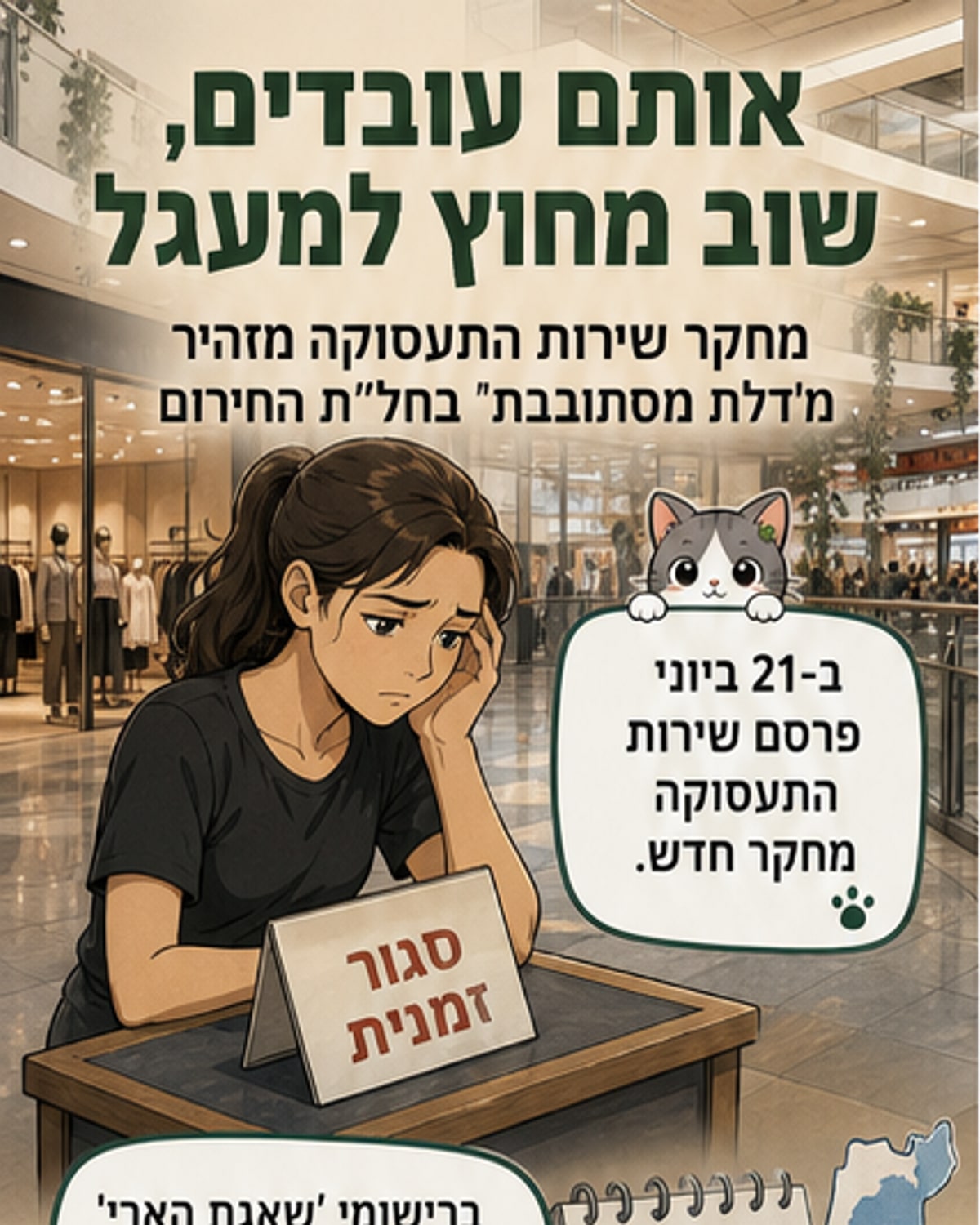 איור של דלת מסתובבת עם אנשים יוצאים ונכנסים שוב ושוב, סמל למחזור חוסר העבודה החוזר.