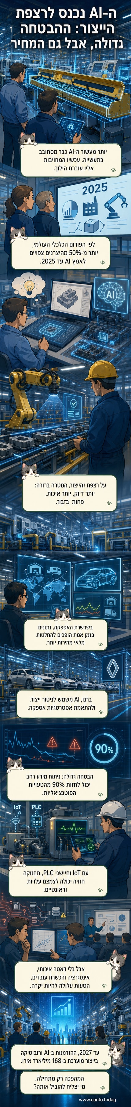 איור של מפעל עתידי עם רובוטים, מסכי נתונים ו-Analytics בזמן אמת, מסביבם סמלים של בינה מלאכותית ו-IoT.