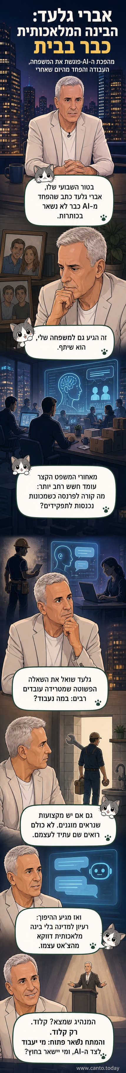 איור של איש עסקים יושב על שולחן מול מחשב שמציג סמל של בינה מלאכותית, בעוד משפחה מתרחקת ברקע.