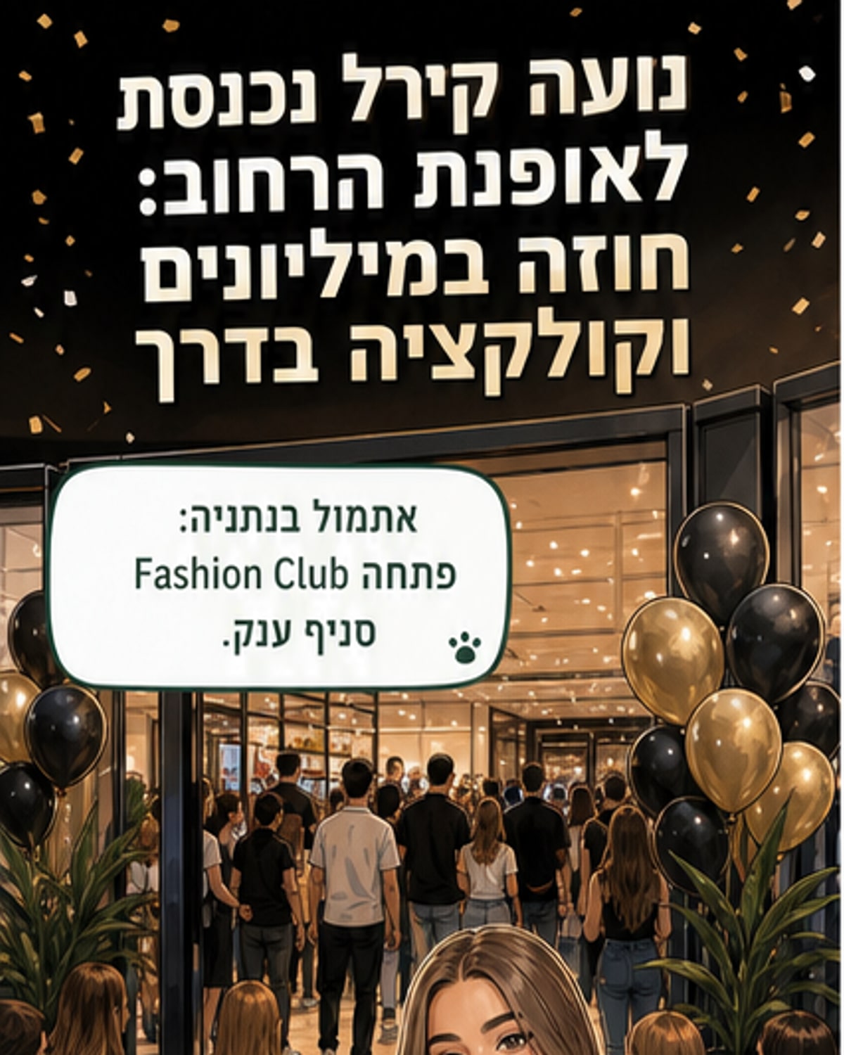 נועה קירל עומדת על במה בהשקת סניף Fashion Club בנתניה, לצידה אמה והגיסה