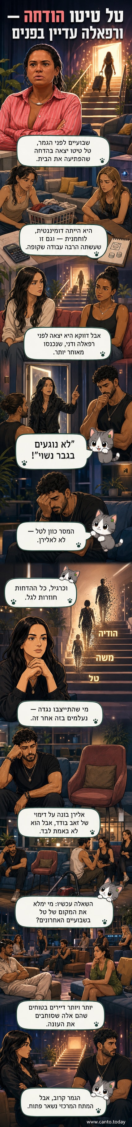 טל טיטו עומדת לבדה מחוץ לבית האח הגדול, ברקע הבית הסגור והשלטים של התכנית.
