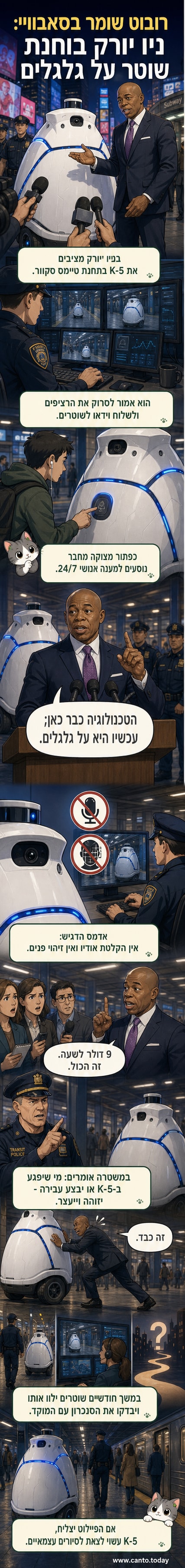 ראש עיריית ניו יורק, אריק אדמס, עומד ליד רובוט משטרתי גדול בשם K-5, ששוקל 180 קילוגרם, während מסיבת עיתונאים בתחנת רכבת.