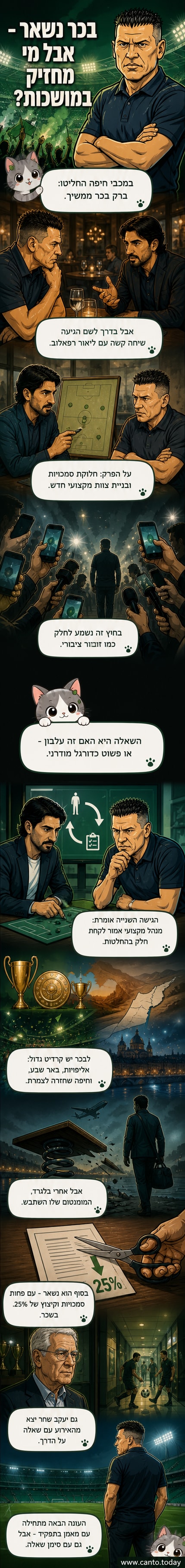 איור של ברק בכר יושב על ספסל, מביט החוצה מהאצטדיון, עם צל של ליאור רפאלוב מאחורי.