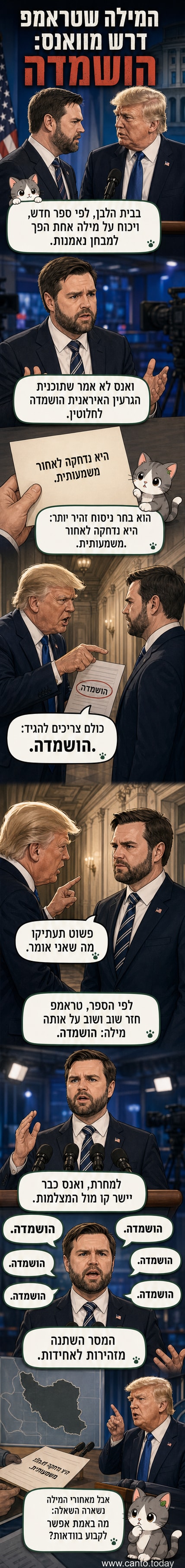 איור של טראמפ צועק על סגנו ואנס, עם בועות דיבור שמכילות את המילה 'הושמדה' שוב ושוב.