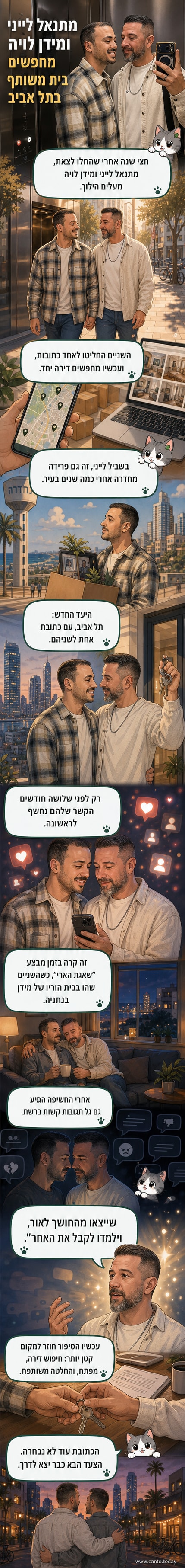 מתנאל לייני ומידן לויה עומדים יחד במרפסת עם נוף עירוני, אווירת חיים חדשים.