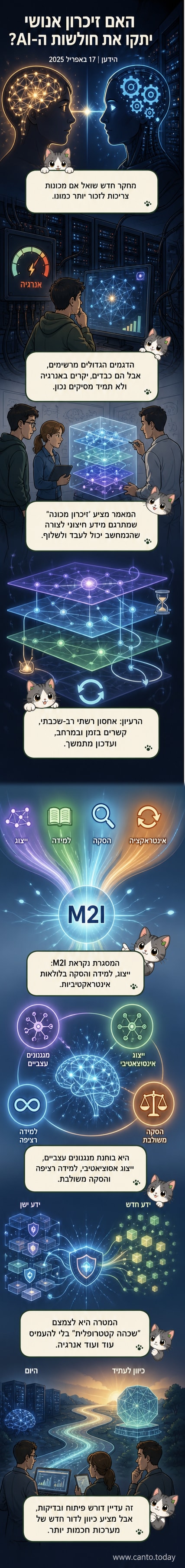 איור של מוח אנושי מול רשת עצבית של בינה מלאכותית, עם קווי חיבור בין יחידות זיכרון אנושיות למכניות.