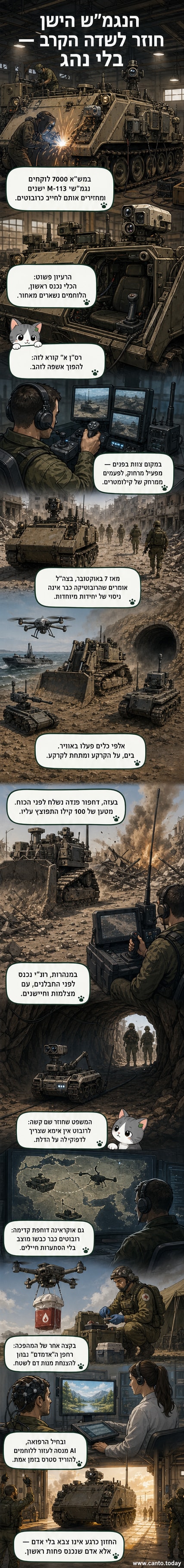 רובוט קרבי ענק על רקע שדה קרב, מופעל מרחוק, מלווה בסמלים של טכנולוגיה צבאית מתקדמת