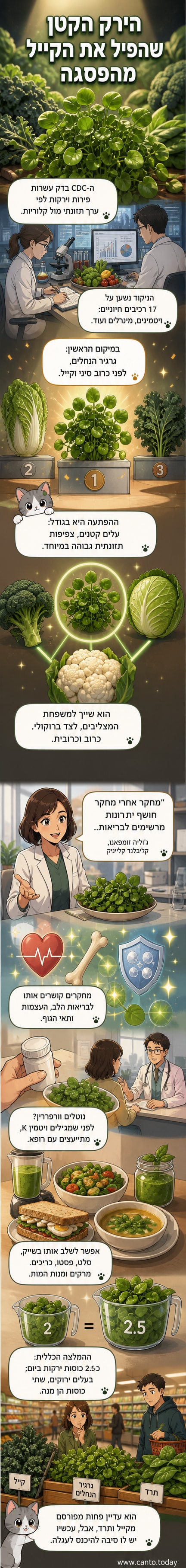 איור של צינורית עם גרגיר נחלים ירוק בהיר, לצד תמונות של קייל, ברוקולי וכרוב סיני, עם כיתוב על הרקע: 'הirק הבריא ביותר בעולם'.