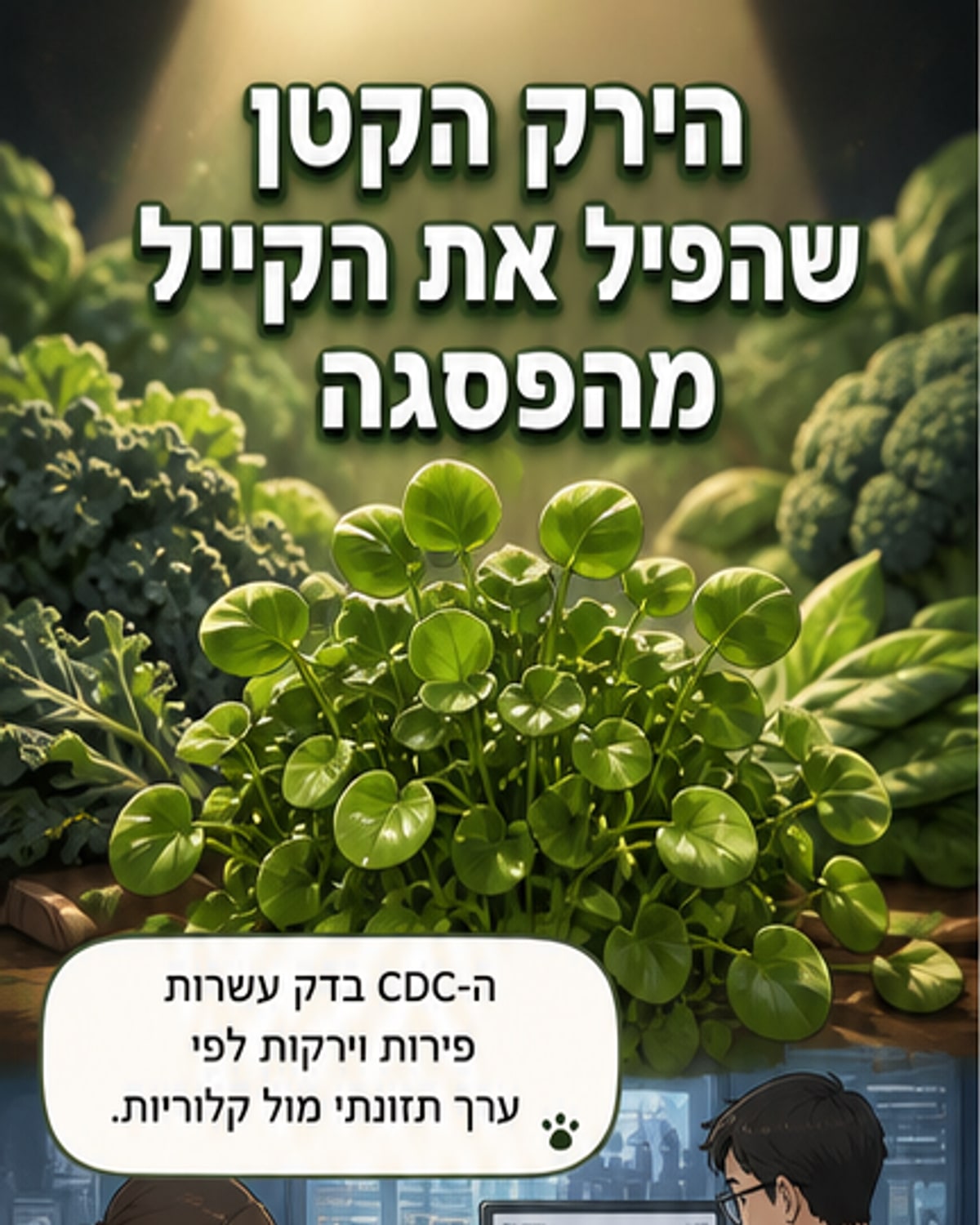 איור של צינורית עם גרגיר נחלים ירוק בהיר, לצד תמונות של קייל, ברוקולי וכרוב סיני, עם כיתוב על הרקע: 'הirק הבריא ביותר בעולם'.