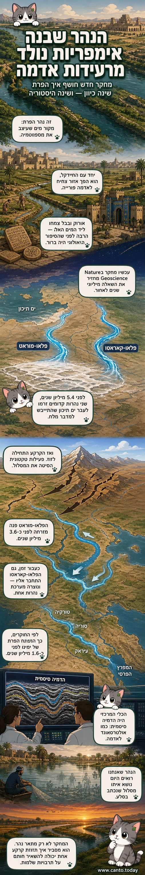 איור של נהר הפרת זורם דרך נוף صحראוי, עם ערים עתיקות לאורך שפתו, וחתך גאולוגי שמראה את שינויי המסלול לאורך מיליוני שנים.