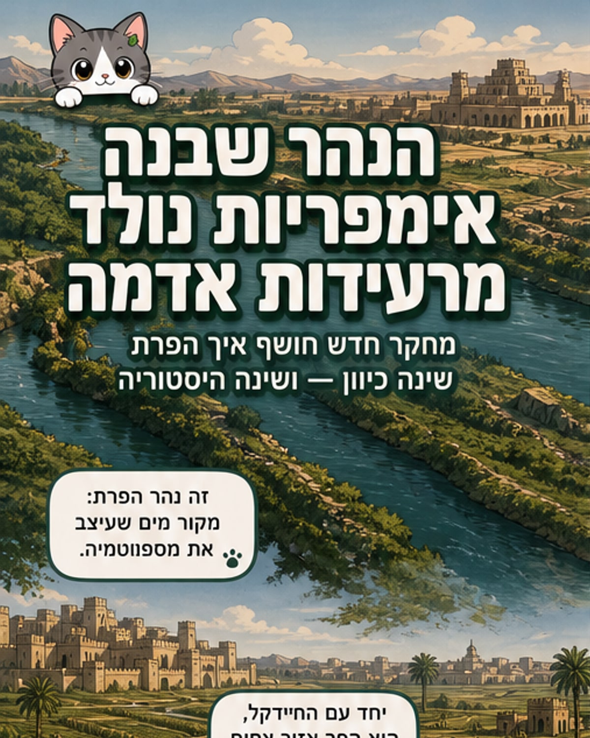 איור של נהר הפרת זורם דרך נוף صحראוי, עם ערים עתיקות לאורך שפתו, וחתך גאולוגי שמראה את שינויי המסלול לאורך מיליוני שנים.