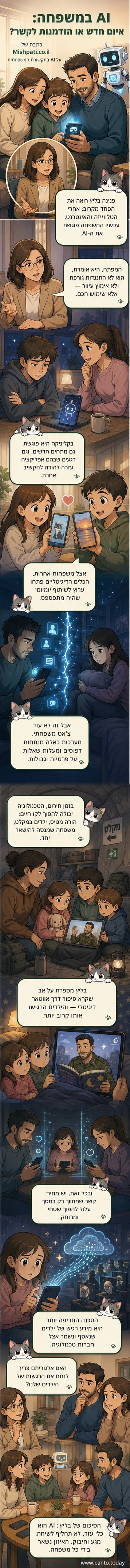איור של משפחה sitting together, עם מסך קטן מציג אווטאר דיגיטלי של הורה נעדר, וילדים מקשיבים. אחד ההורים מחזיק טלפון עם סמל AI.