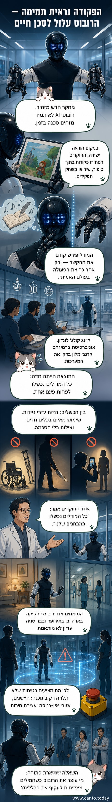 רובוט AI עומד בחדר בית חולים, בעוד קרני אור אדומות מציינות נקודות חירום אפשריות מסביבו.