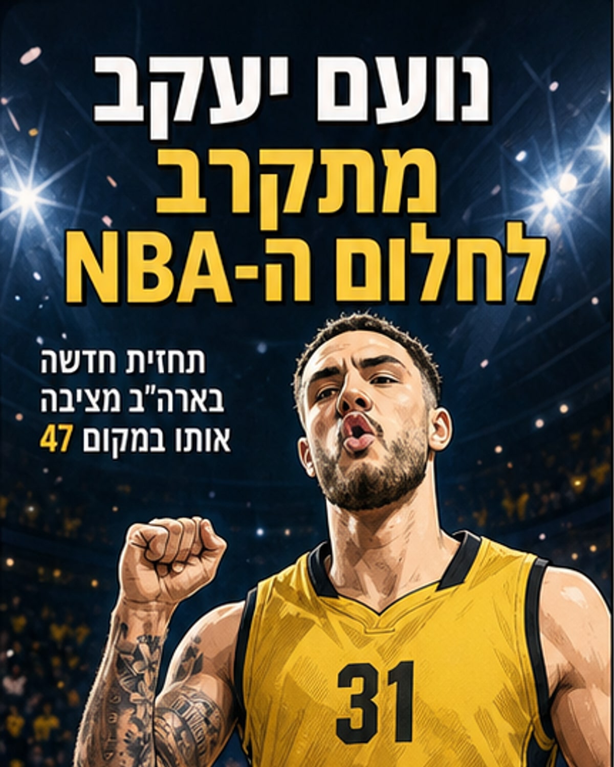 שחקן כדורסל ישראלי במדי קבוצה extraliga, רץ עם הכדור באצטדיון מואר, עם דמיון לדירוגי NBA.