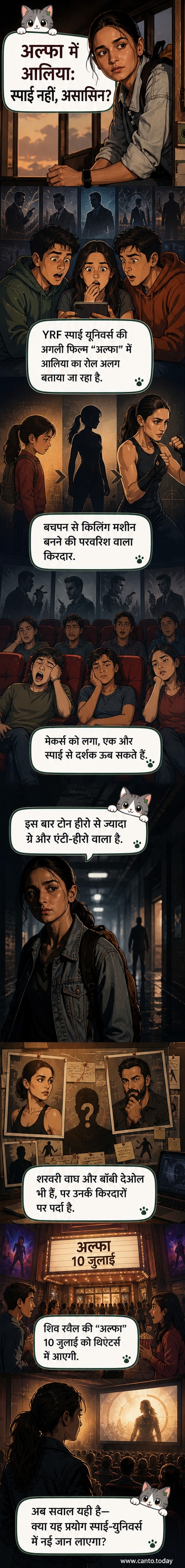 आलिया भट्ट एक काले कोट में, एक डार्क एक्शन सीन की तैयारी में, पीछे धुंधला शहर।
