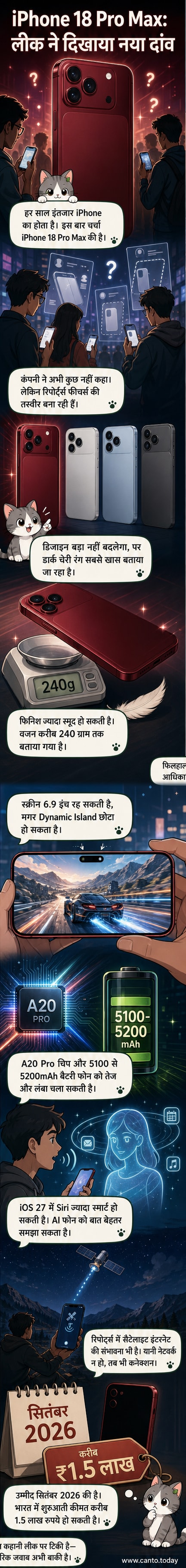 iPhone 18 Pro Max की कल्पित छवि, जिसमें डार्क चेरी रंग और छोटा Dynamic Island दिखाया गया है, पृष्ठभूमि में Apple लोगो के साथ।