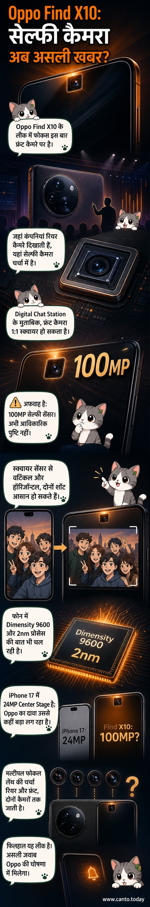 Oppo Find X10 के आगामी मॉडल में स्क्वायर शेप वाला 100MP फ्रंट कैमरा दिखाया गया है, जो फोन के डिस्प्ले के ऊपरी केंद्र में स्थित है।