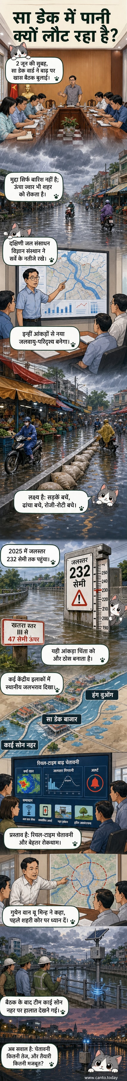 सा डेक वार्ड में एक कार्य सत्र के दौरान वैज्ञानिक और स्थानीय नेता बाढ़ नियंत्रण और जलवायु अनुकूलन पर चर्चा कर रहे हैं।