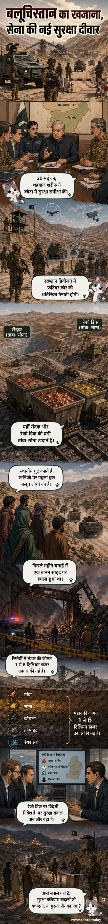 पाकिस्तान के बलूचिस्तान प्रांत में खनिज संपदा की सुरक्षा के लिए अर्धसैनिक बलों की तैनाती को दर्शाता एक वेबटून पैनल।