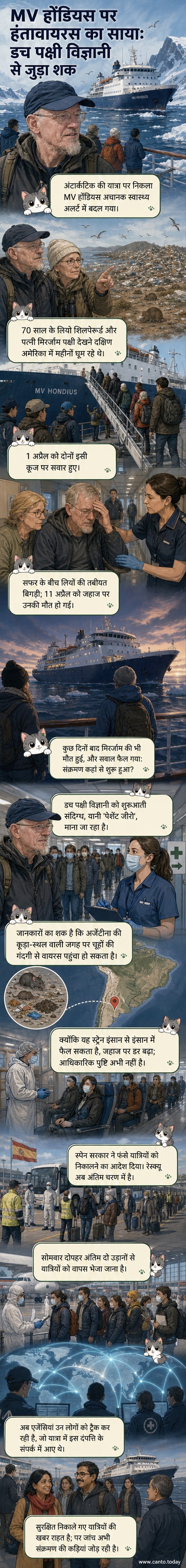 एक बर्फीले समुद्र में खड़ा क्रूज जहाज, पृष्ठभूमि में अंटार्कटिक की बर्फीली चोटियां, जहाज के एक खिड़की पर लाल चेतावनी चिह्न लगा हुआ।