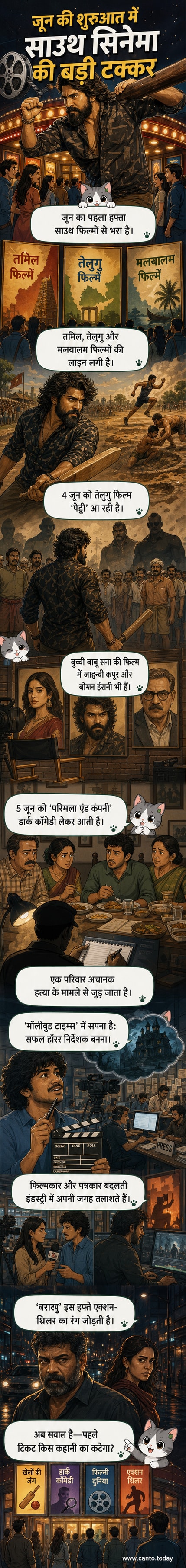दक्षिण भारतीय फिल्मों की एक श्रृंखला के पोस्टर, जिनमें 'पेड्डी', 'परिमला एंड कंपनी', 'मॉलीवुड टाइम्स' और 'वरावु' शामिल हैं, जो जून 2026 में रिलीज होने वाली हैं।