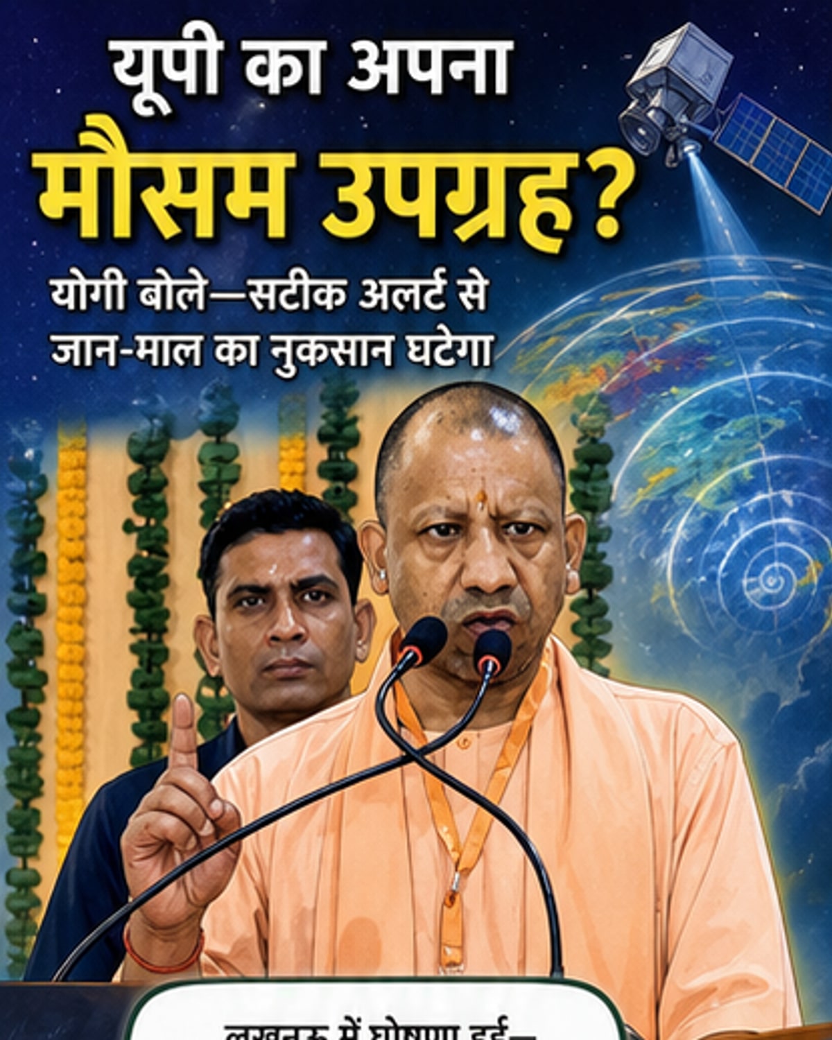 एक उपग्रह आकाश में उत्तर प्रदेश के नक्शे के ऊपर तैनात है, जहां मौसम के आंकड़े एकत्र कर रहा है, नीचे खेत, नदियां और शहर दिख रहे हैं।