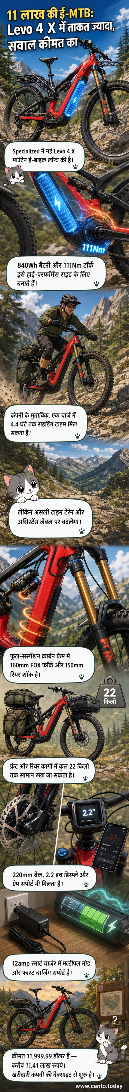 Specialized Levo 4 X इलेक्ट्रिक माउंटेन बाइक, लाल रंग में, पहाड़ी रास्ते पर, बड़े सस्पेंशन और बड़ी बैटरी के साथ।