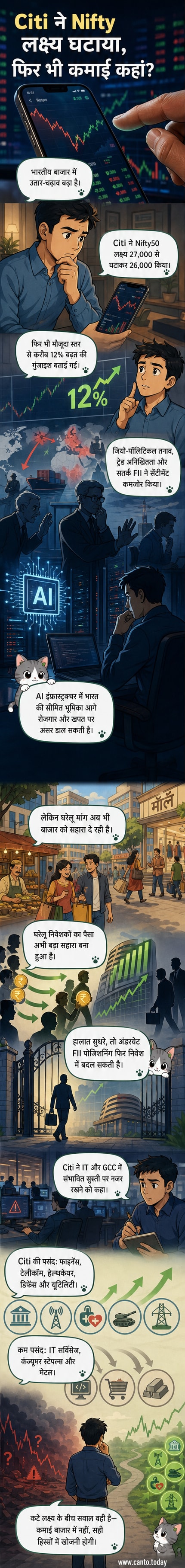 एक व्यापारी ट्रेडिंग डेस्क पर बैठा है, स्क्रीन पर Nifty इंडेक्स ग्राफ दिख रहा है जिसमें 27,000 से 26,000 की ओर गिरावट का संकेत है, पृष्ठभूमि में सेक्टर आधारित शेयर डेटा दिख रहा है।