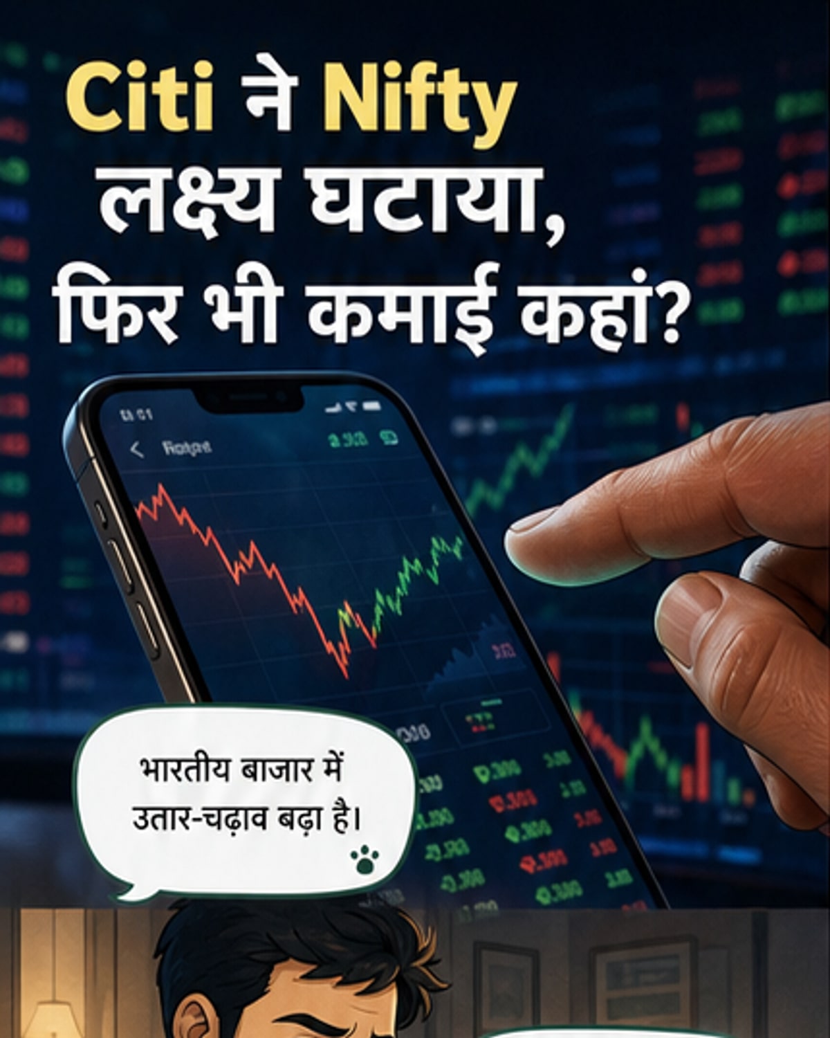 एक व्यापारी ट्रेडिंग डेस्क पर बैठा है, स्क्रीन पर Nifty इंडेक्स ग्राफ दिख रहा है जिसमें 27,000 से 26,000 की ओर गिरावट का संकेत है, पृष्ठभूमि में सेक्टर आधारित शेयर डेटा दिख रहा है।