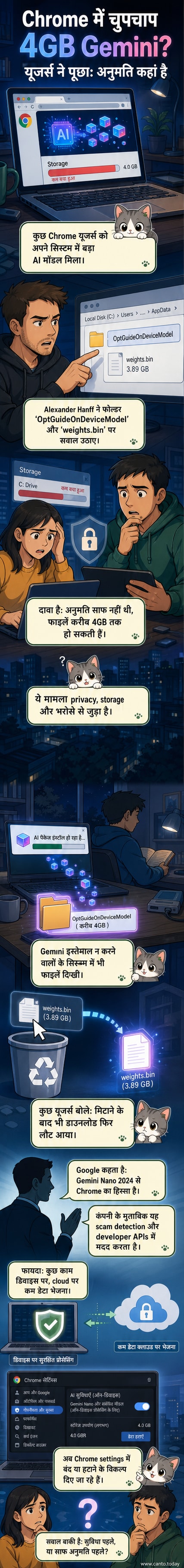 एक क्रोम ब्राउजर आइकन के पीछे छिपे हुए AI मॉडल के डाउनलोड को दर्शाते हुए, एक चेतावनी चिह्न के साथ डेटा फ्लो और स्टोरेज उपयोग को इंगित करता हुआ इलस्ट्रेशन।