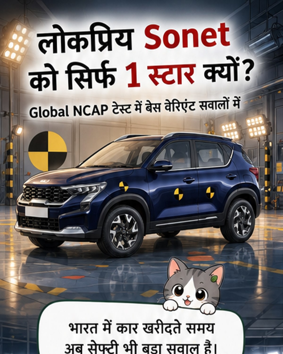 किआ सोनेट की तस्वीर, जिसके बेस वेरिएंट को ग्लोबल NCAP क्रैश टेस्ट में 1-स्टार रेटिंग मिली