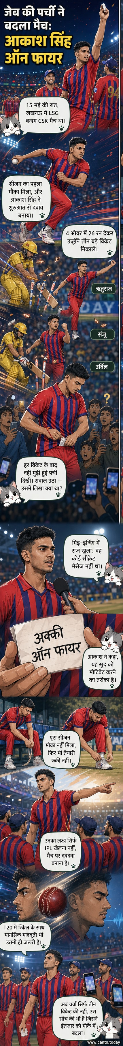 एक क्रिकेटर जेब से एक मुड़ी हुई पर्ची निकालकर दिखा रहा है, स्टेडियम में उत्साह है।