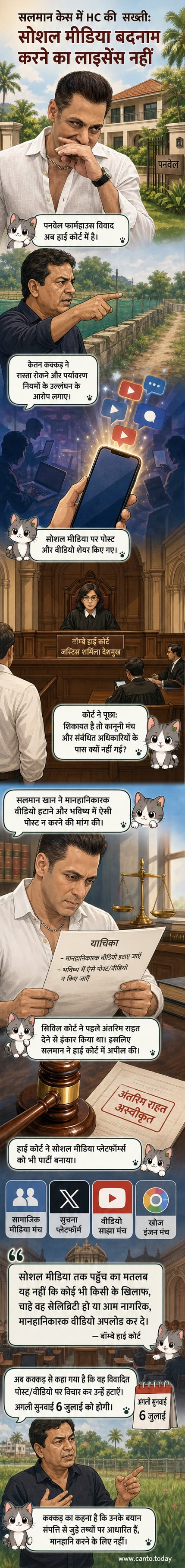 एक न्यायालय कक्ष में न्यायाधीश बैठे हैं, सामने सलमान खान के पड़ोसी के सोशल मीडिया पोस्ट की छवि दिख रही है, जिस पर 'हटाएं' का निशान लगा है।